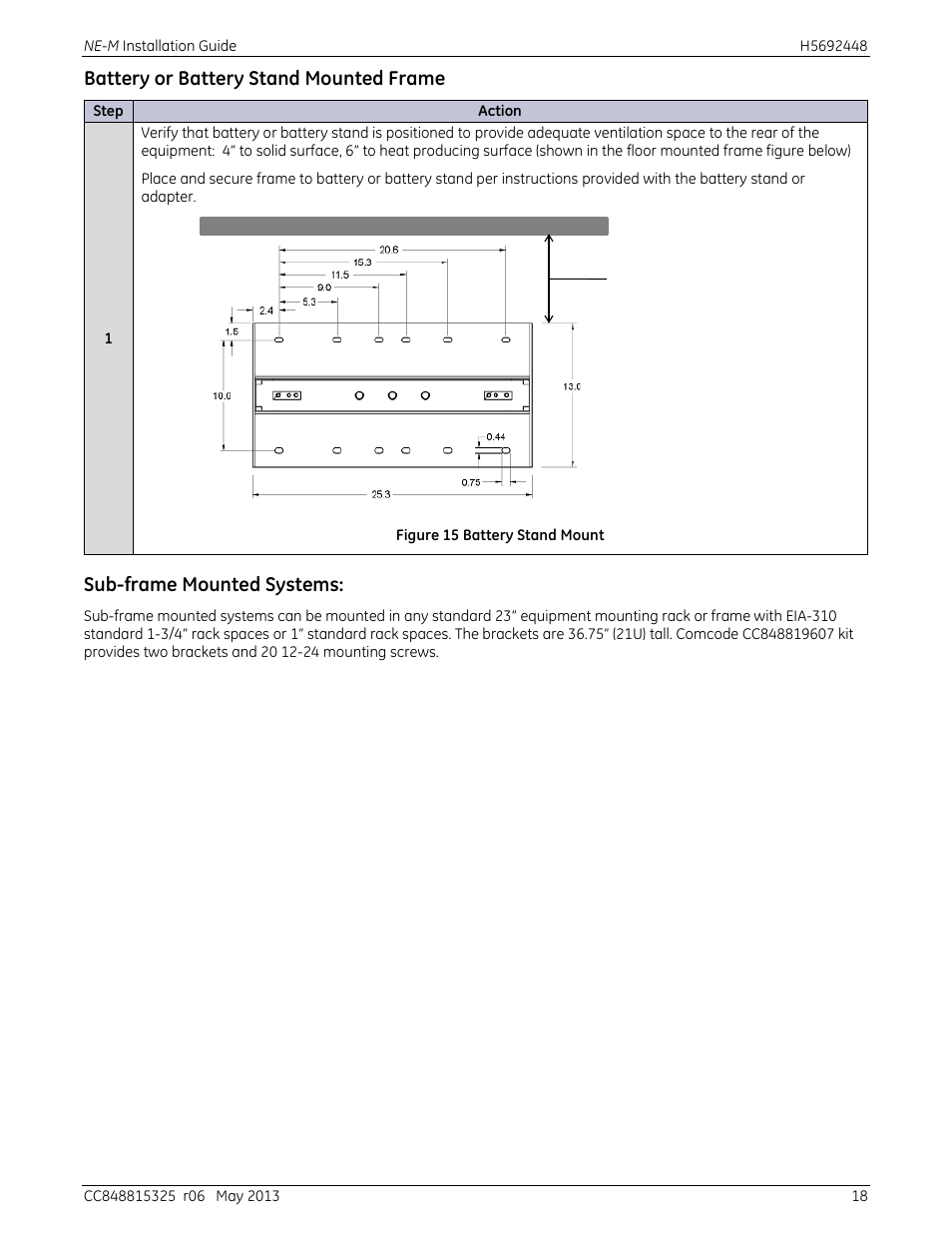 Battery or battery stand mounted frame, Sub-frame mounted systems, Figure 15 battery stand mount | GE Industrial Solutions H5692448 Power Systems Infinity M1 (NE-M) User Manual | Page 18 / 76