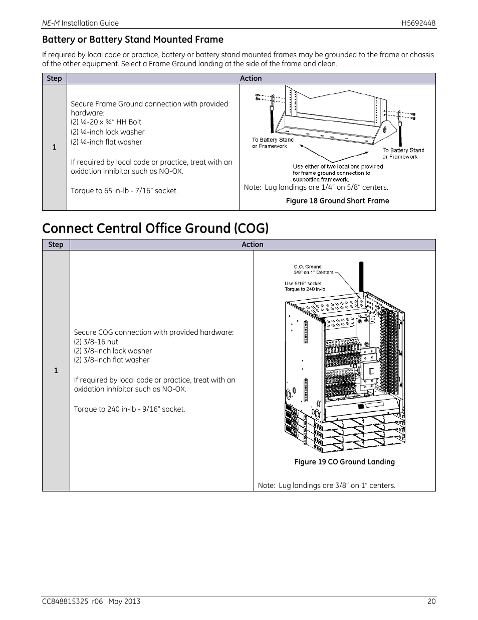 Battery or battery stand mounted frame, Connect central office ground (cog), Figure 18 ground short frame | Figure 19 co ground landing | GE Industrial Solutions H5692448 Power Systems Infinity M1 (NE-M) User Manual | Page 20 / 76