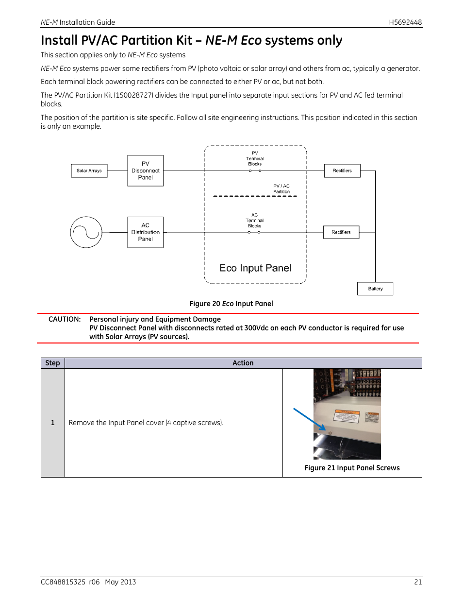 Figure 20 eco input panel, Figure 21 input panel screws | GE Industrial Solutions H5692448 Power Systems Infinity M1 (NE-M) User Manual | Page 21 / 76