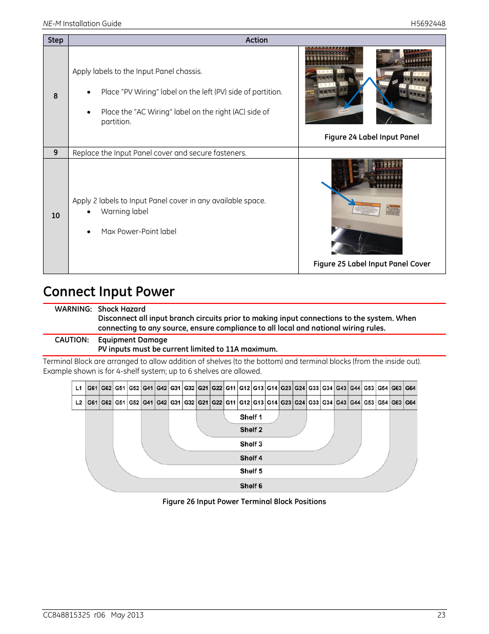 Connect input power, Figure 24 label input panel, Figure 25 label input panel cover | Figure 26 input power terminal block positions | GE Industrial Solutions H5692448 Power Systems Infinity M1 (NE-M) User Manual | Page 23 / 76