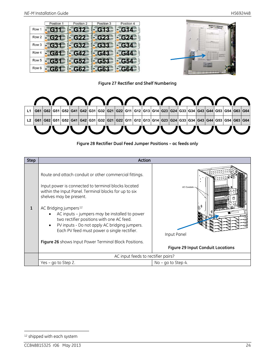 Figure 27 rectifier and shelf numbering, Figure 29 input conduit locations | GE Industrial Solutions H5692448 Power Systems Infinity M1 (NE-M) User Manual | Page 24 / 76