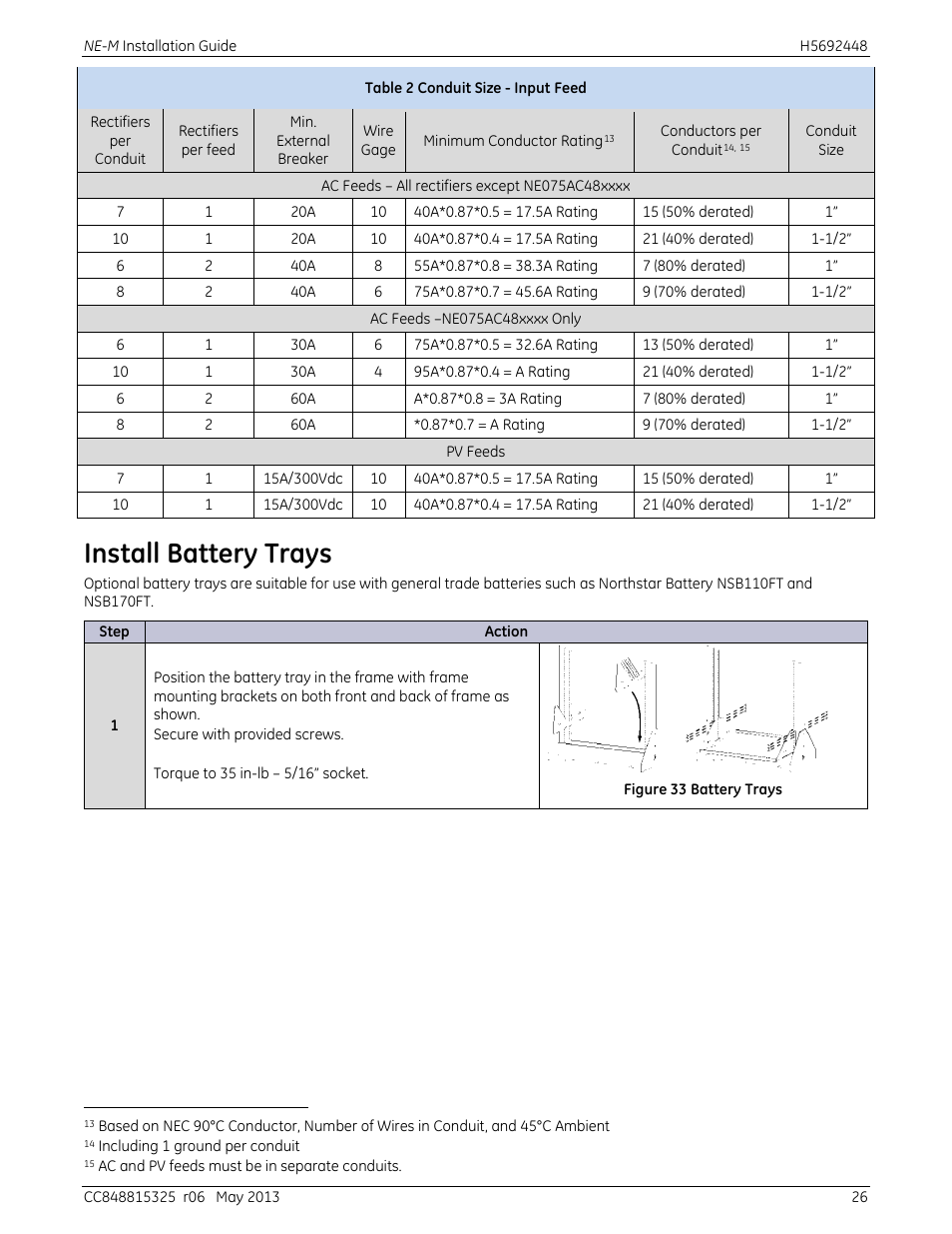 Install battery trays, Figure 33 battery trays, Table 2 conduit size - input feed | GE Industrial Solutions H5692448 Power Systems Infinity M1 (NE-M) User Manual | Page 26 / 76