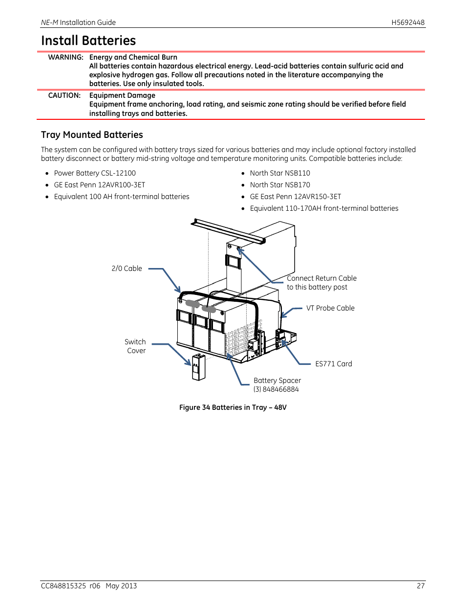 Install batteries, Tray mounted batteries, Figure 34 batteries in tray – 48v | GE Industrial Solutions H5692448 Power Systems Infinity M1 (NE-M) User Manual | Page 27 / 76