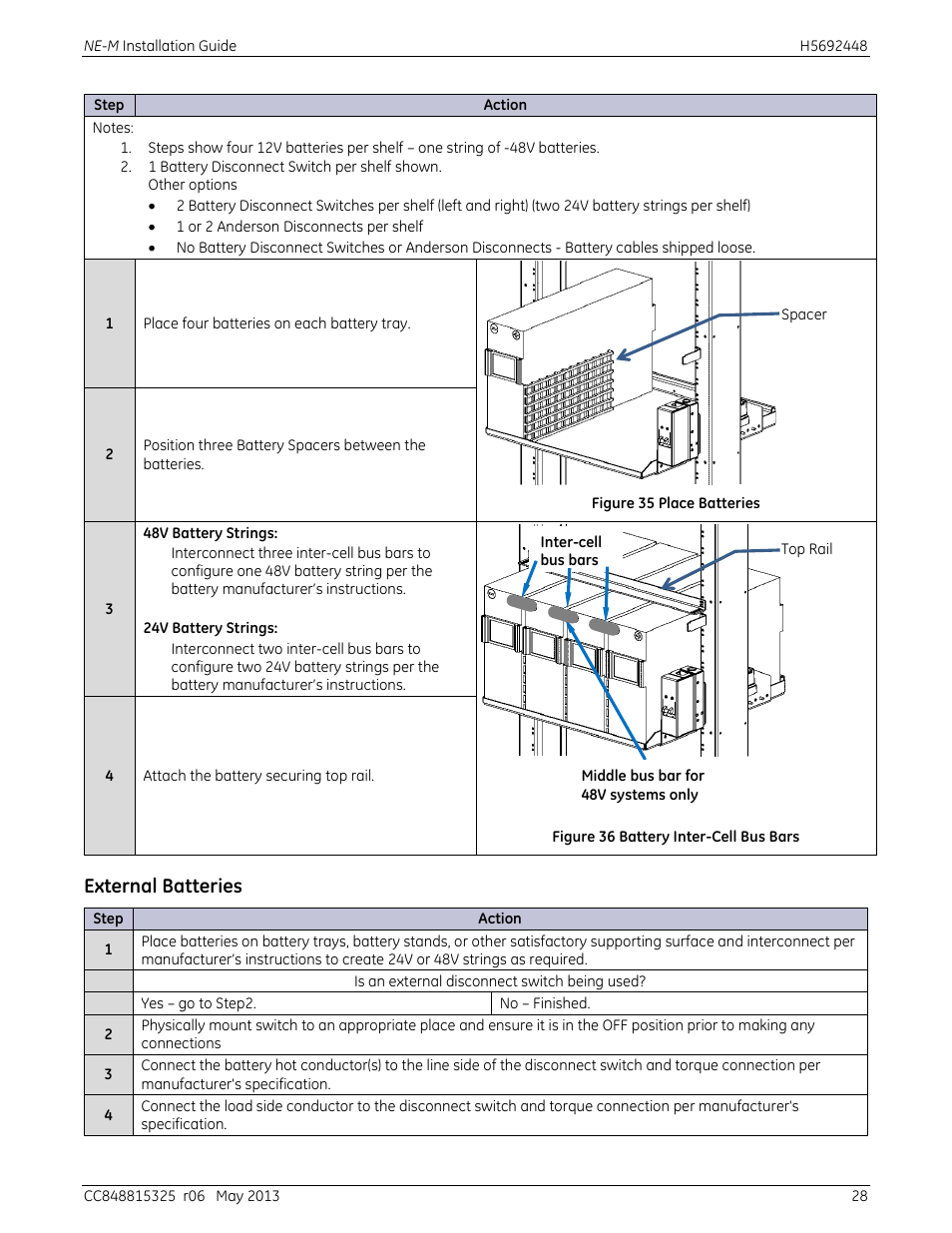 External batteries, Figure 35 place batteries, Figure 36 battery inter-cell bus bars | GE Industrial Solutions H5692448 Power Systems Infinity M1 (NE-M) User Manual | Page 28 / 76