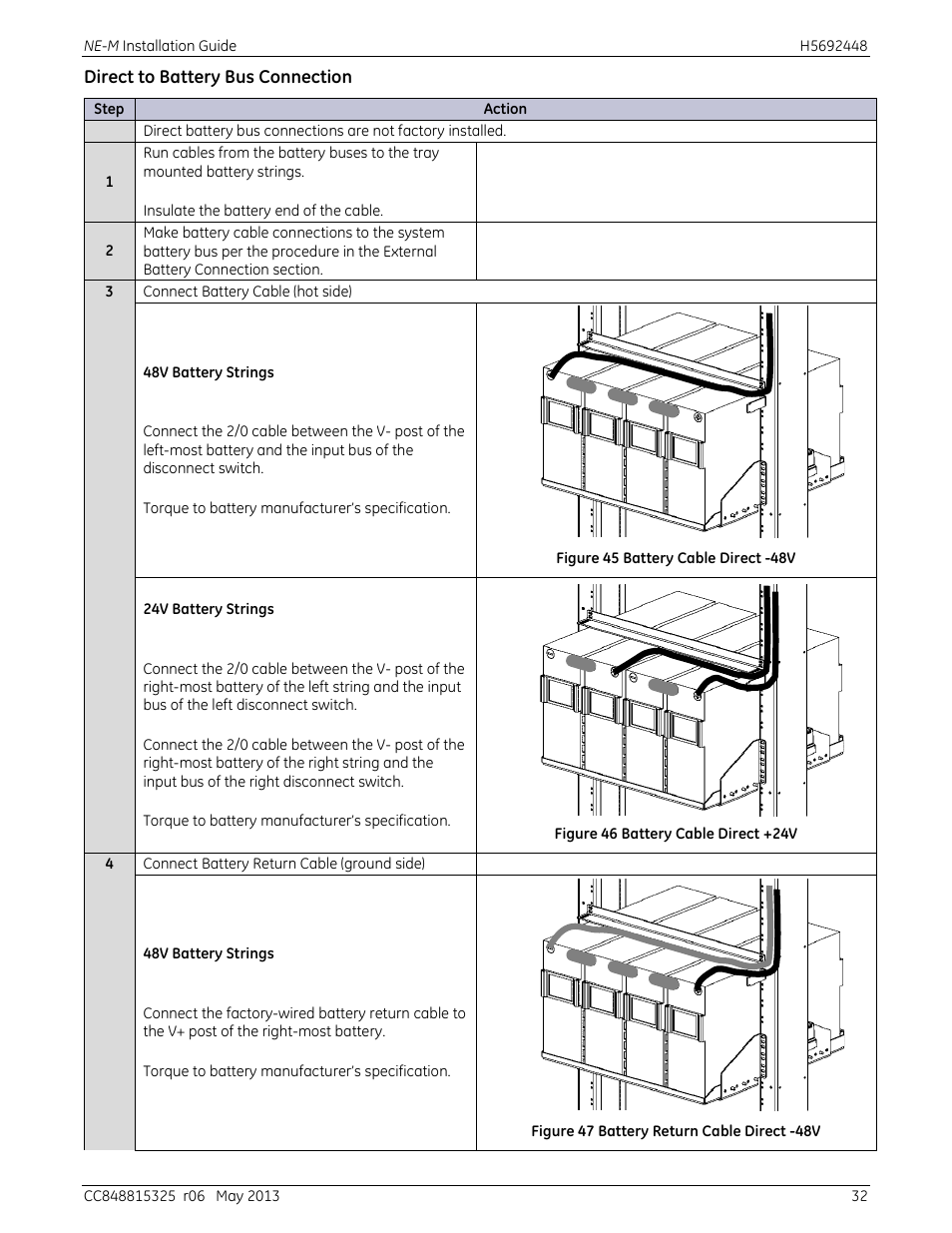 Direct to battery bus connection, Figure 45 battery cable direct -48v, Figure 46 battery cable direct +24v | Figure 47 battery return cable direct -48v | GE Industrial Solutions H5692448 Power Systems Infinity M1 (NE-M) User Manual | Page 32 / 76