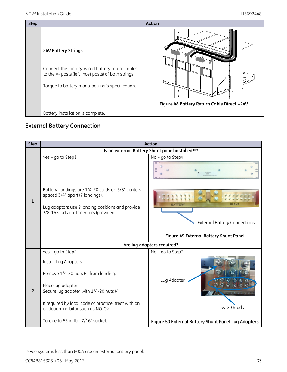 External battery connection, Figure 48 battery return cable direct +24v, Figure 49 external battery shunt panel | GE Industrial Solutions H5692448 Power Systems Infinity M1 (NE-M) User Manual | Page 33 / 76