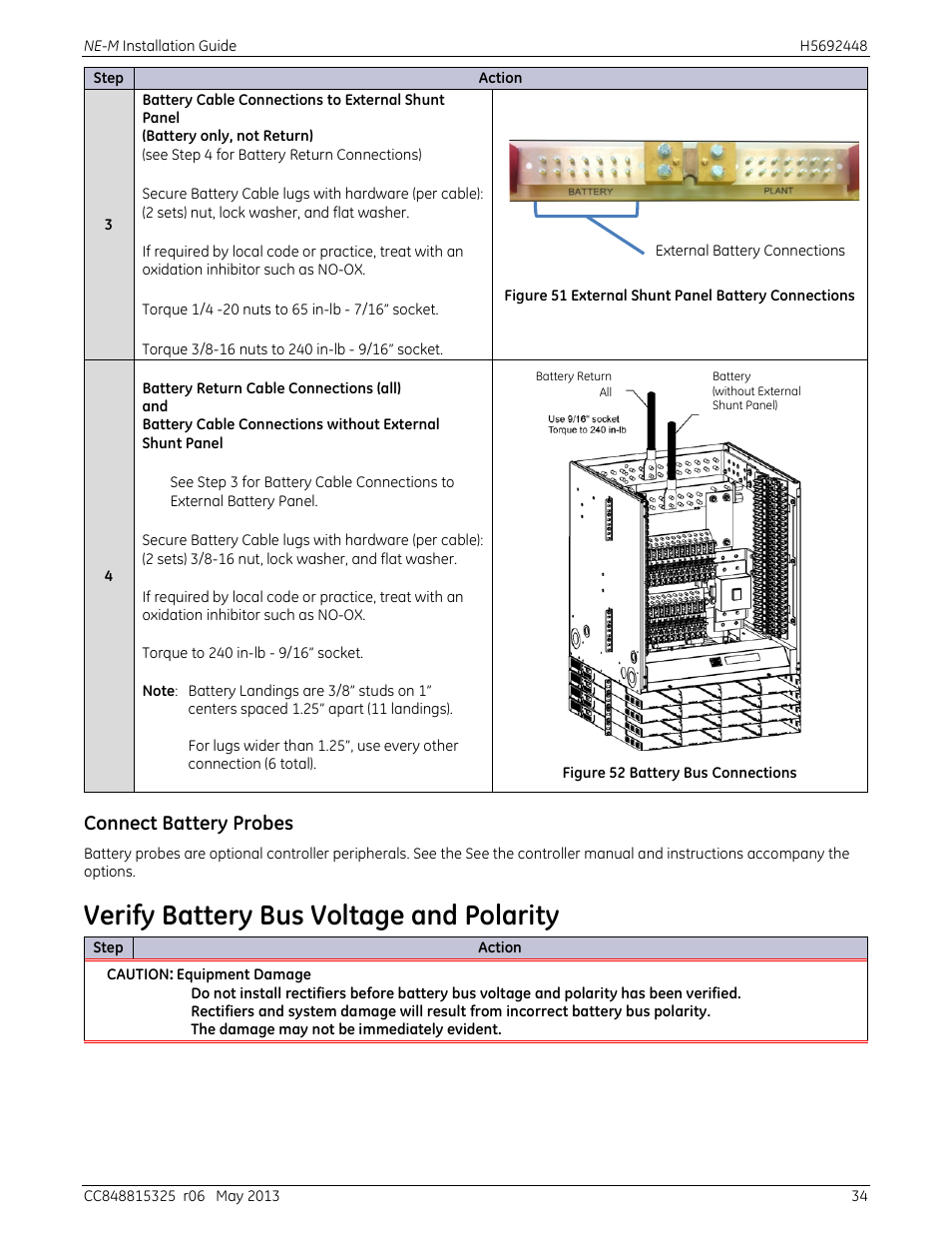 Connect battery probes, Verify battery bus voltage and polarity, Figure 51 external shunt panel battery connections | Figure 52 battery bus connections | GE Industrial Solutions H5692448 Power Systems Infinity M1 (NE-M) User Manual | Page 34 / 76