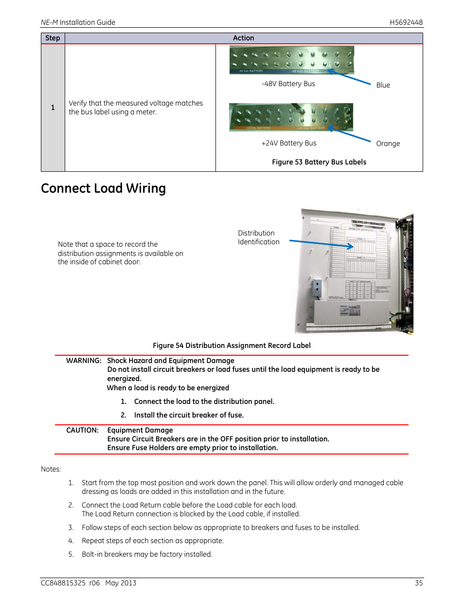 Connect load wiring, Figure 53 battery bus labels, Figure 54 distribution assignment record label | GE Industrial Solutions H5692448 Power Systems Infinity M1 (NE-M) User Manual | Page 35 / 76