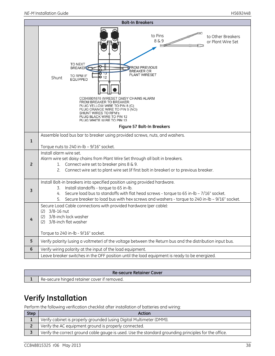 Verify installation, Figure 57 bolt-in breakers | GE Industrial Solutions H5692448 Power Systems Infinity M1 (NE-M) User Manual | Page 38 / 76