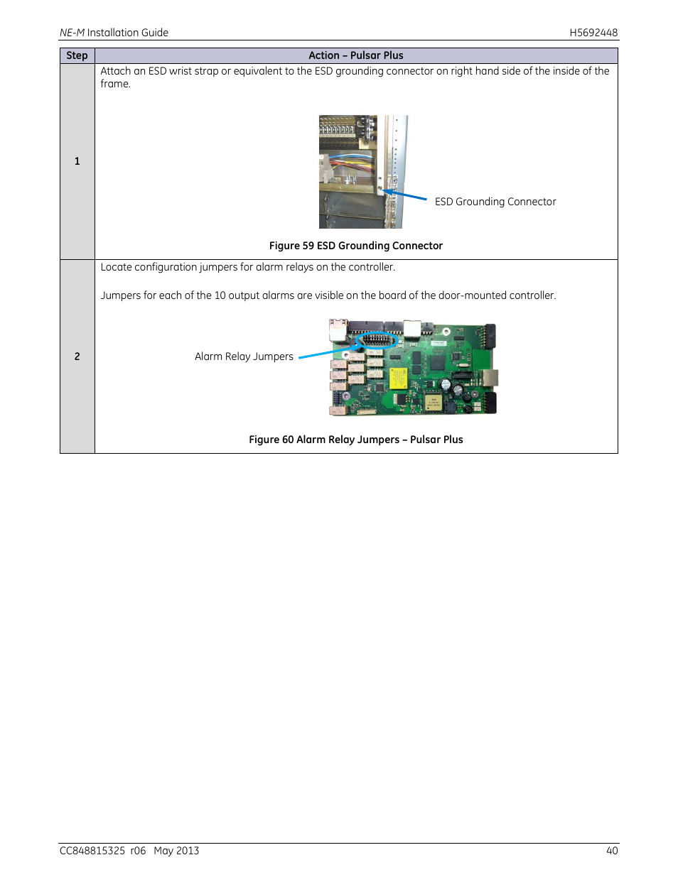 Figure 59 esd grounding connector, Figure 60 alarm relay jumpers – pulsar plus | GE Industrial Solutions H5692448 Power Systems Infinity M1 (NE-M) User Manual | Page 40 / 76