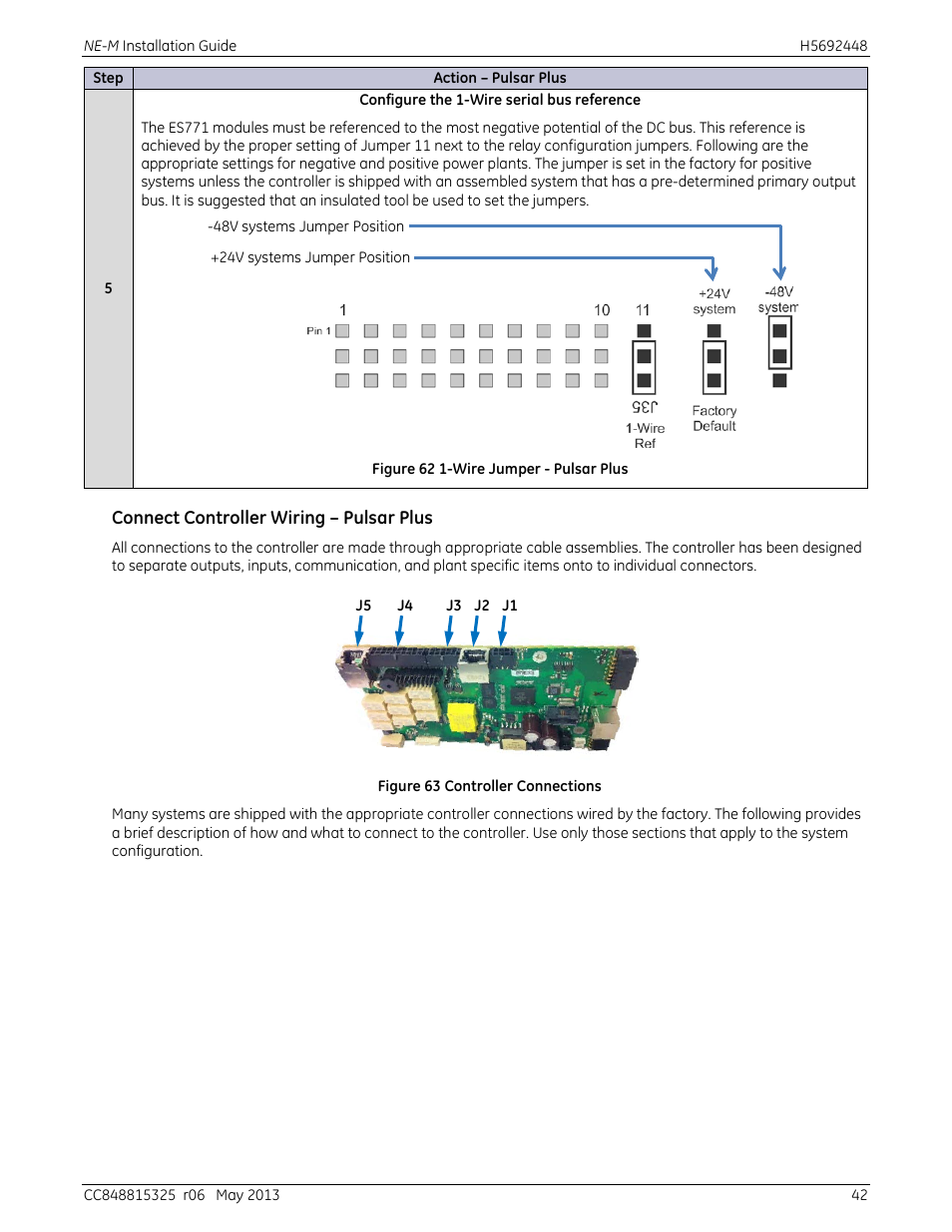 Connect controller wiring – pulsar plus, Figure 62 1-wire jumper - pulsar plus, Figure 63 controller connections | GE Industrial Solutions H5692448 Power Systems Infinity M1 (NE-M) User Manual | Page 42 / 76