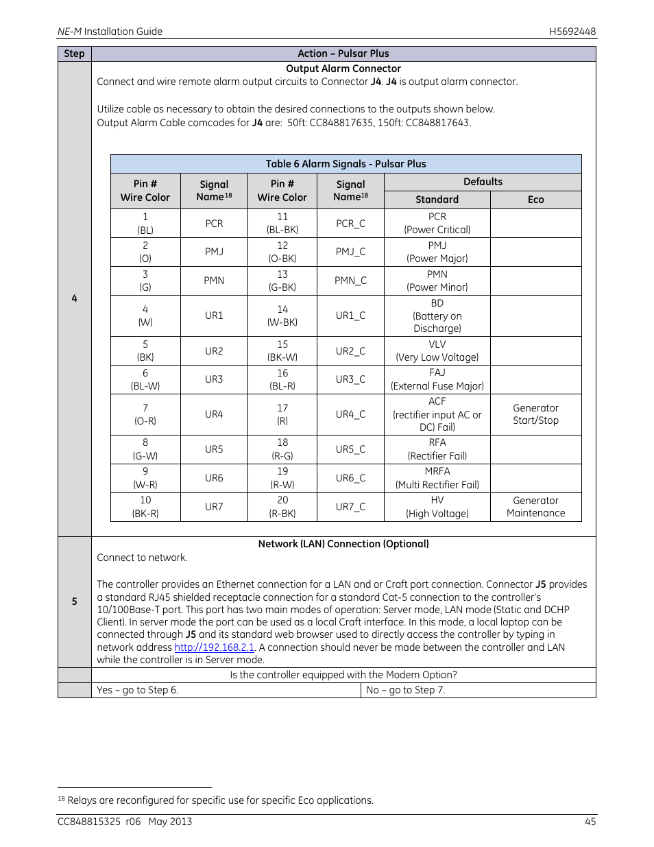 Table 6 alarm signals - pulsar plus | GE Industrial Solutions H5692448 Power Systems Infinity M1 (NE-M) User Manual | Page 45 / 76