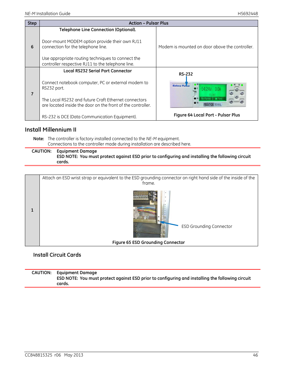 Install millennium ii, Install circuit cards, Figure 64 local port - pulsar plus | Figure 65 esd grounding connector | GE Industrial Solutions H5692448 Power Systems Infinity M1 (NE-M) User Manual | Page 46 / 76