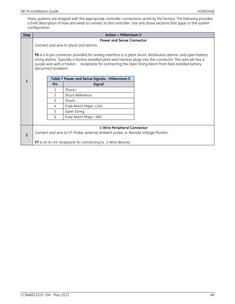 Table 7 power and sense signals - millennium ii | GE Industrial Solutions H5692448 Power Systems Infinity M1 (NE-M) User Manual | Page 48 / 76