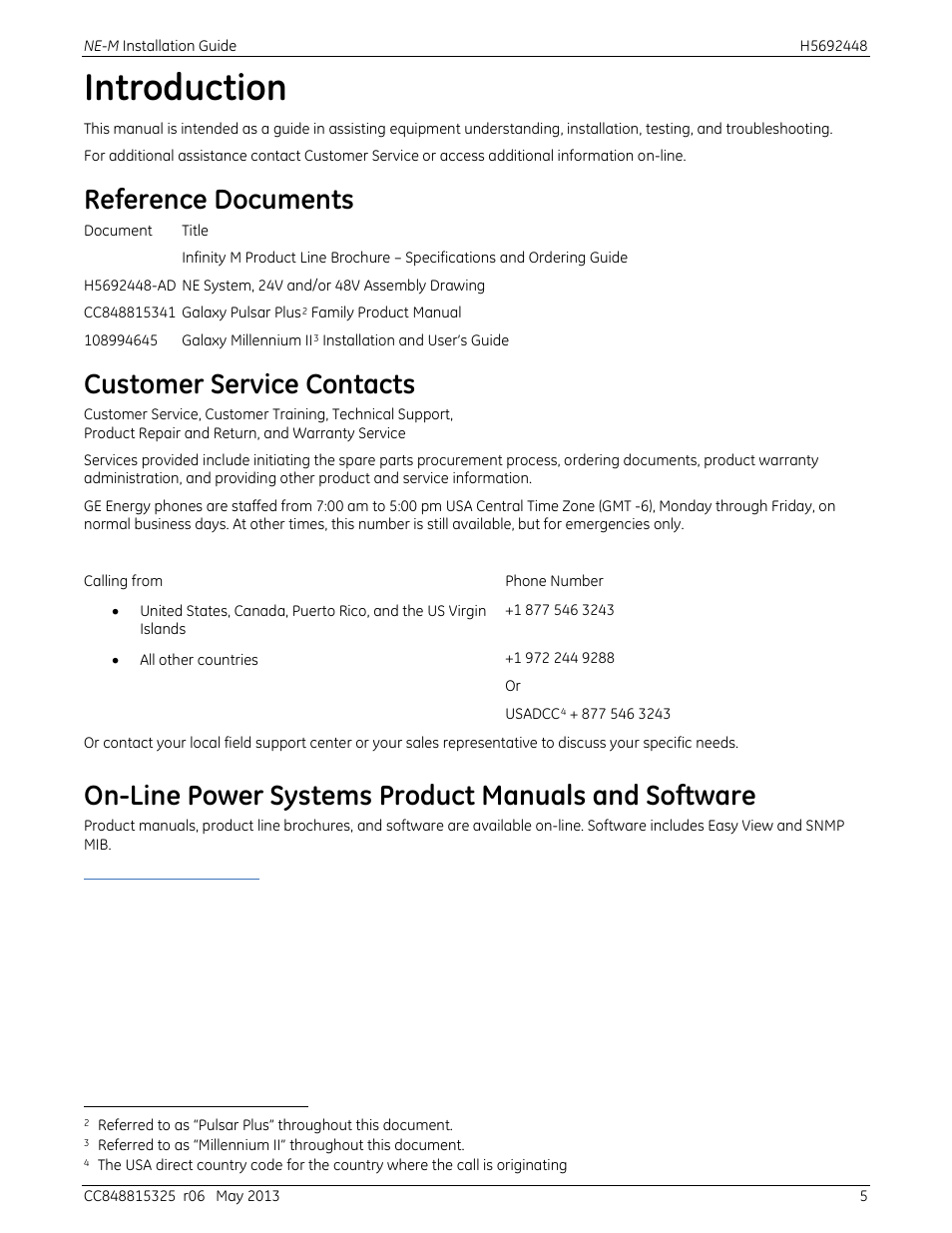 Introduction, Reference documents, Customer service contacts | On-line power systems product manuals and software | GE Industrial Solutions H5692448 Power Systems Infinity M1 (NE-M) User Manual | Page 5 / 76