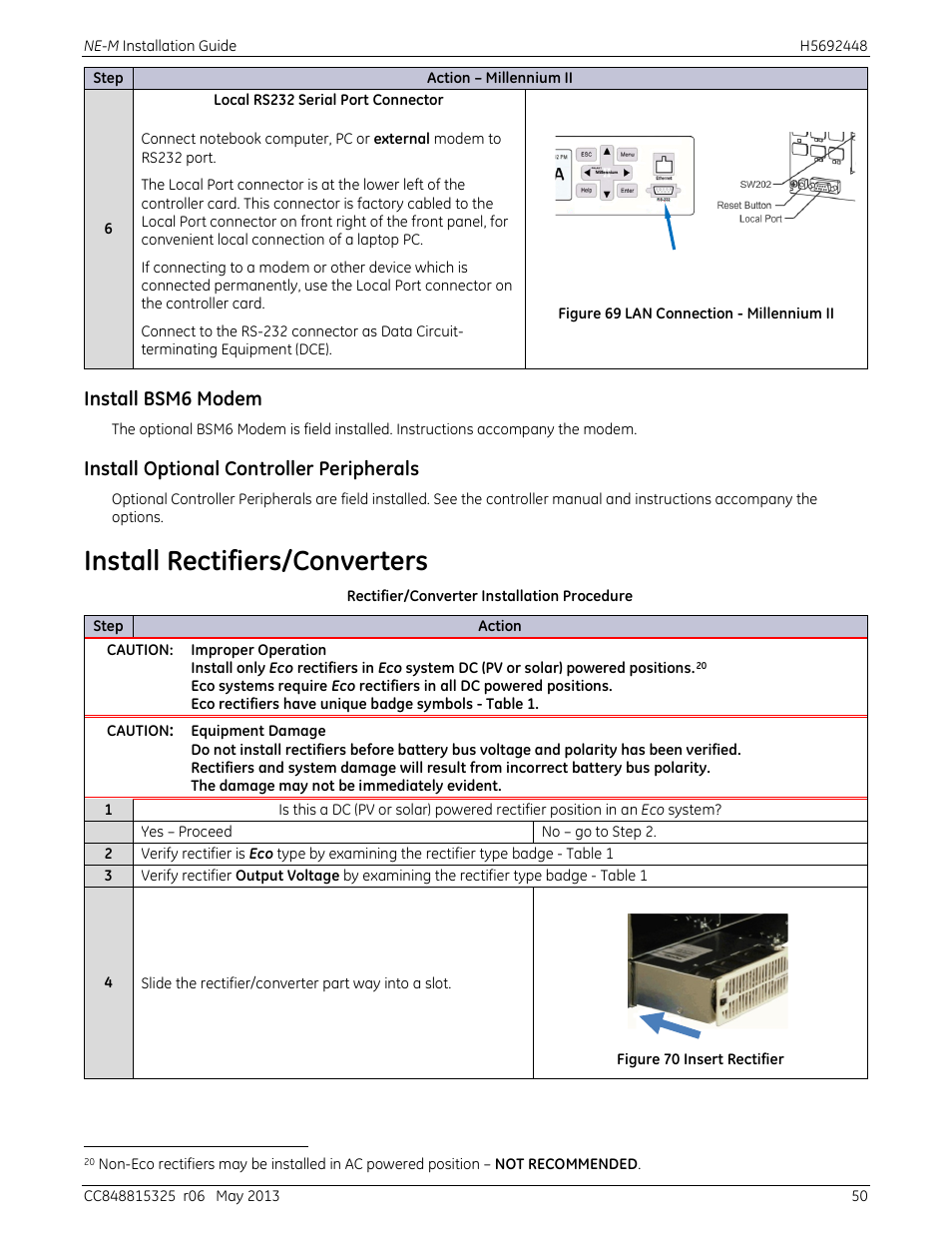 Install bsm6 modem, Install optional controller peripherals, Install rectifiers/converters | Figure 69 lan connection - millennium ii, Figure 70 insert rectifier | GE Industrial Solutions H5692448 Power Systems Infinity M1 (NE-M) User Manual | Page 50 / 76