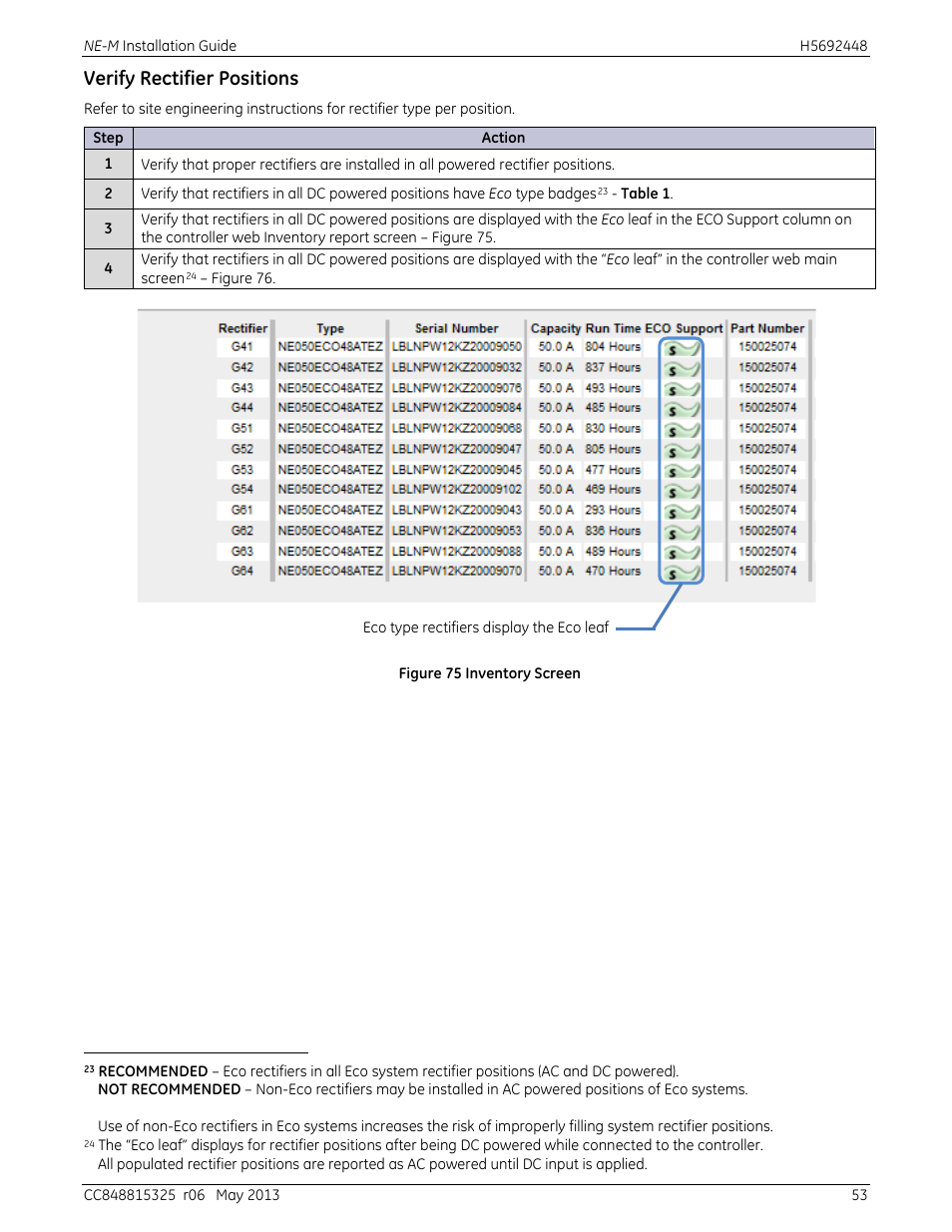 Verify rectifier positions, Figure 75 inventory screen | GE Industrial Solutions H5692448 Power Systems Infinity M1 (NE-M) User Manual | Page 53 / 76