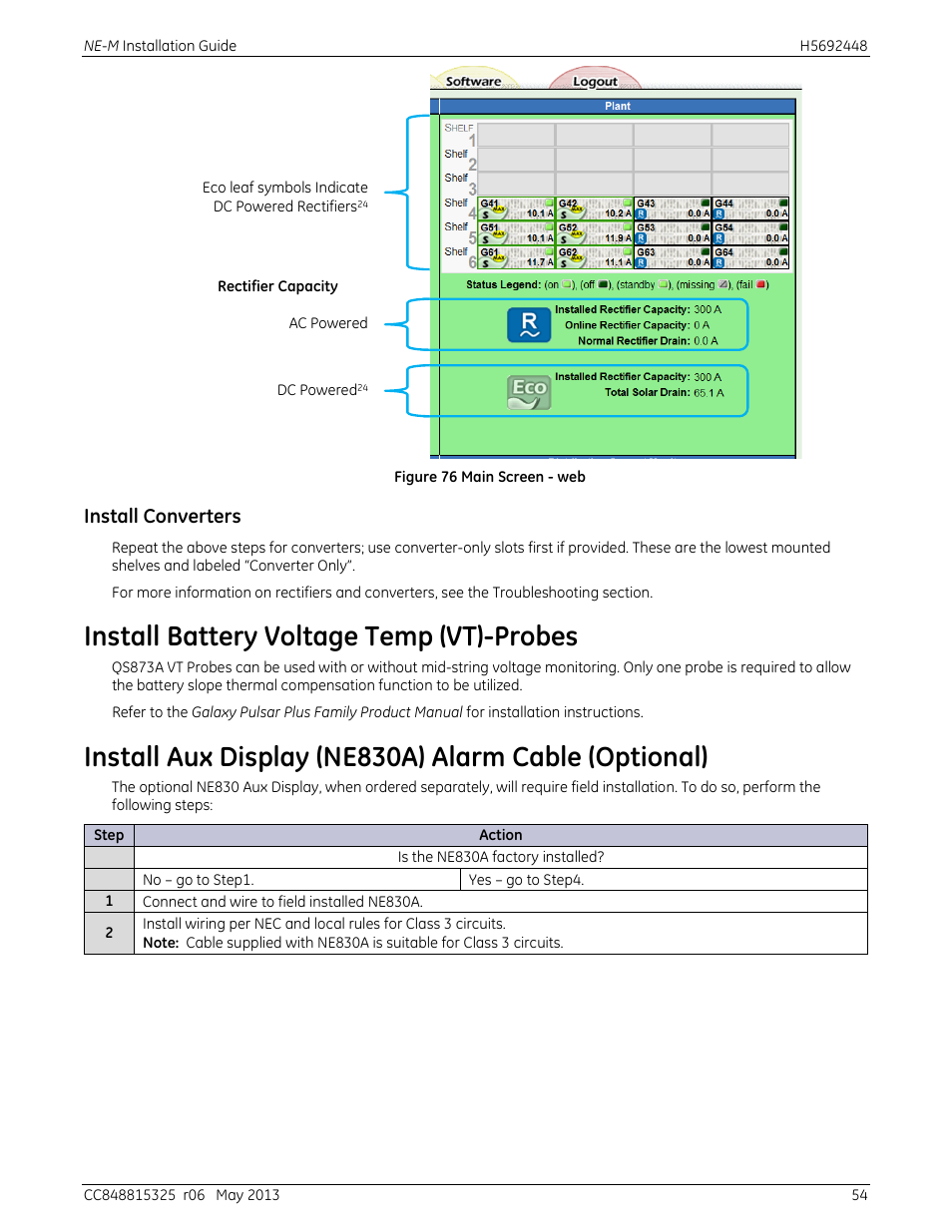 Install converters, Install battery voltage temp (vt)-probes, Figure 76 main screen - web | Figure 76 | GE Industrial Solutions H5692448 Power Systems Infinity M1 (NE-M) User Manual | Page 54 / 76