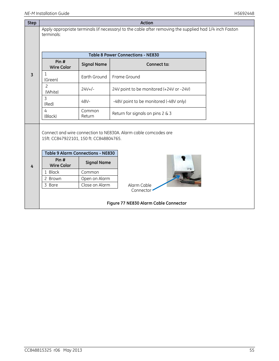 Figure 77 ne830 alarm cable connector, Table 8 power connections - ne830, Table 9 alarm connections - ne830 | GE Industrial Solutions H5692448 Power Systems Infinity M1 (NE-M) User Manual | Page 55 / 76