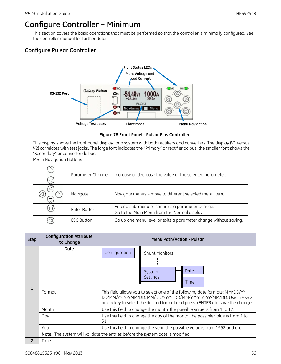 Configure controller – minimum, Configure pulsar controller, Figure 78 front panel - pulsar plus controller | GE Industrial Solutions H5692448 Power Systems Infinity M1 (NE-M) User Manual | Page 56 / 76