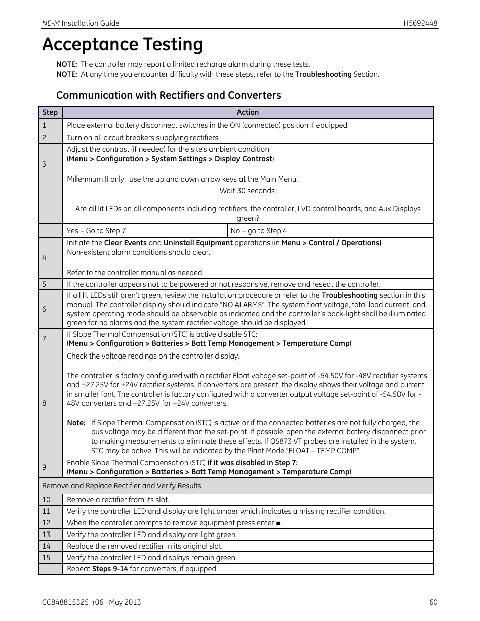 Acceptance testing, Communication with rectifiers and converters | GE Industrial Solutions H5692448 Power Systems Infinity M1 (NE-M) User Manual | Page 60 / 76