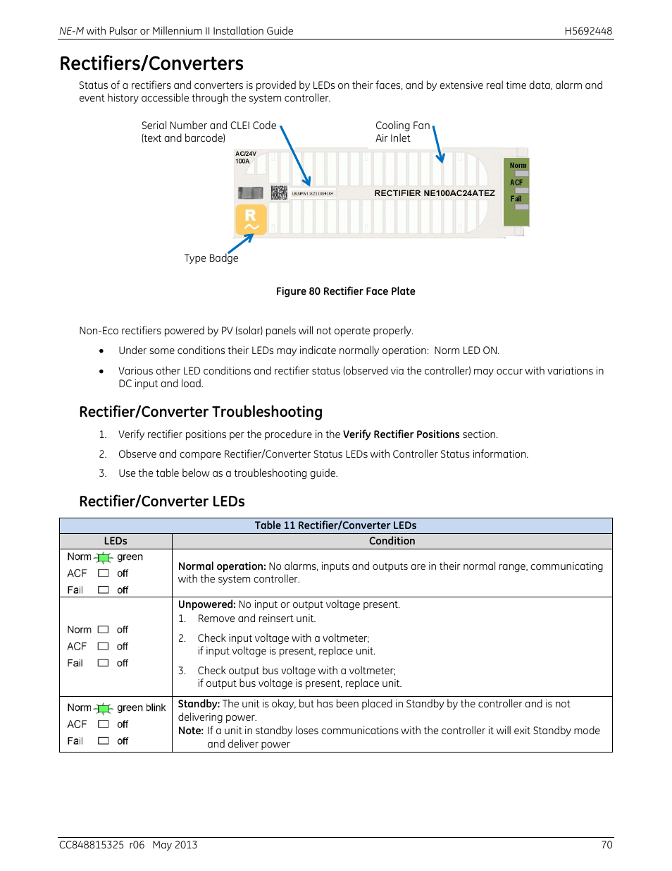 Rectifiers/converters, Figure 80 rectifier face plate, Table 11 rectifier/converter leds | Rectifier/converter troubleshooting, Rectifier/converter leds | GE Industrial Solutions H5692448 Power Systems Infinity M1 (NE-M) User Manual | Page 70 / 76