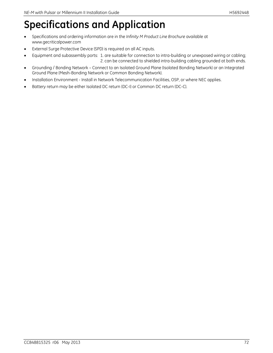 Specifications and application | GE Industrial Solutions H5692448 Power Systems Infinity M1 (NE-M) User Manual | Page 72 / 76