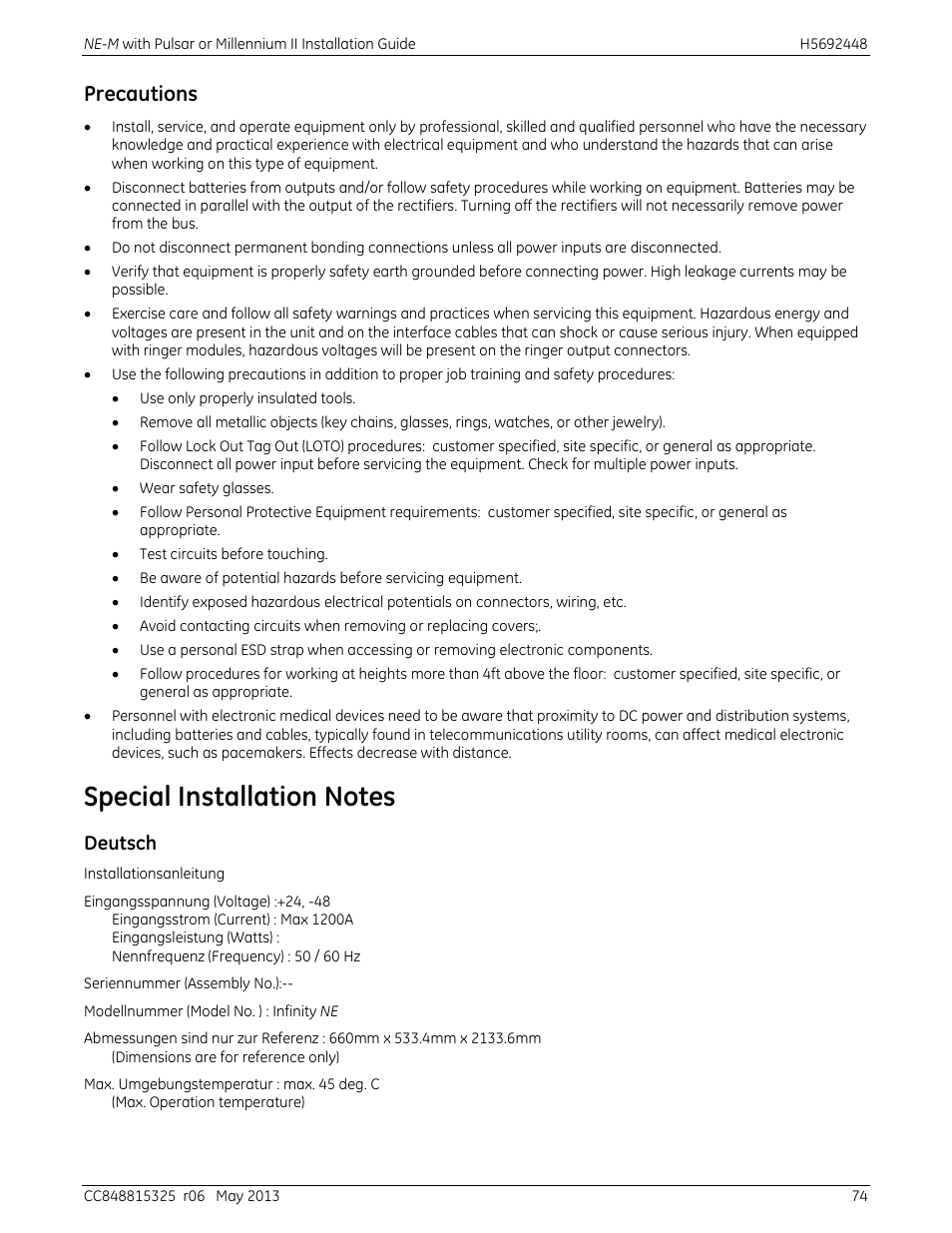 Special installation notes, Deutsch, Precautions | GE Industrial Solutions H5692448 Power Systems Infinity M1 (NE-M) User Manual | Page 74 / 76