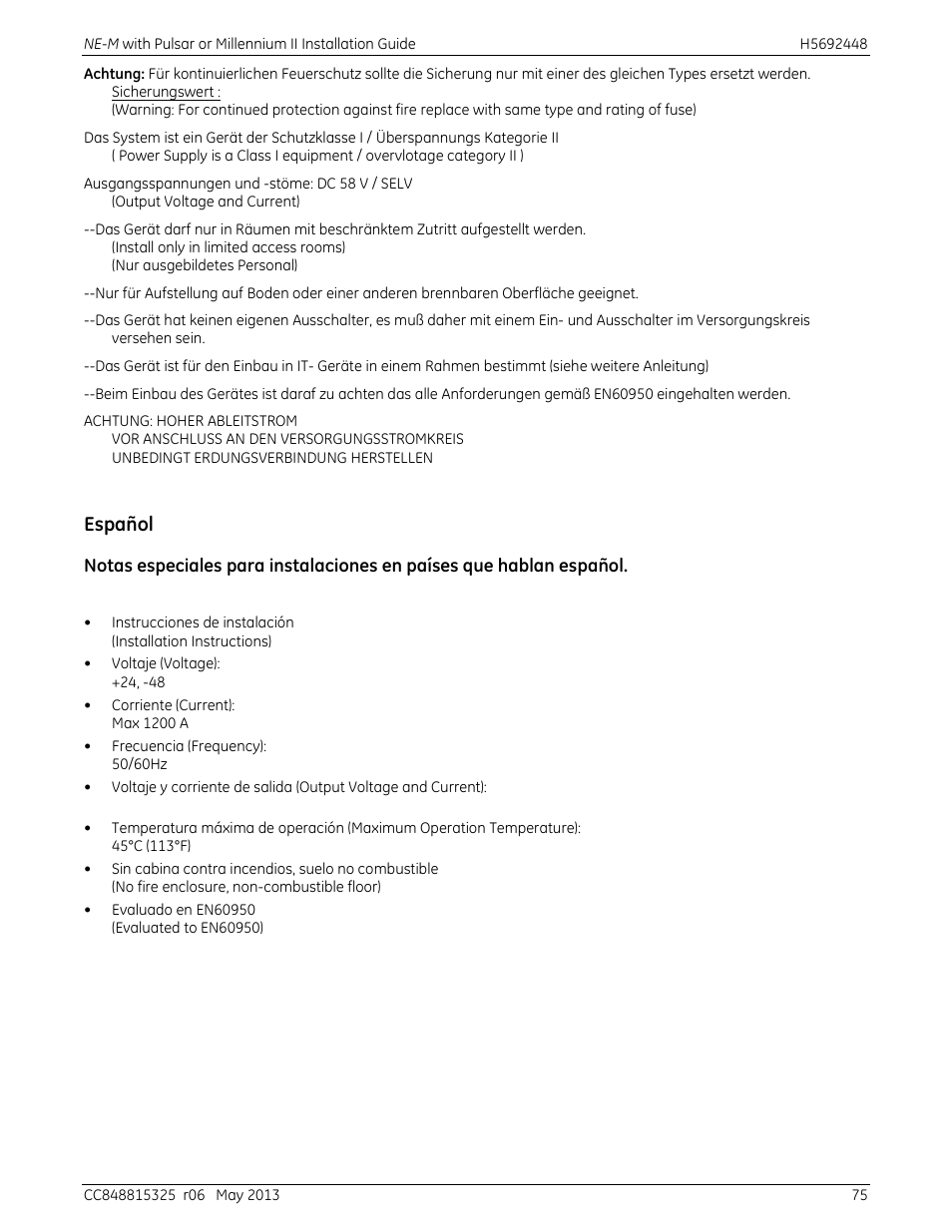 Español | GE Industrial Solutions H5692448 Power Systems Infinity M1 (NE-M) User Manual | Page 75 / 76