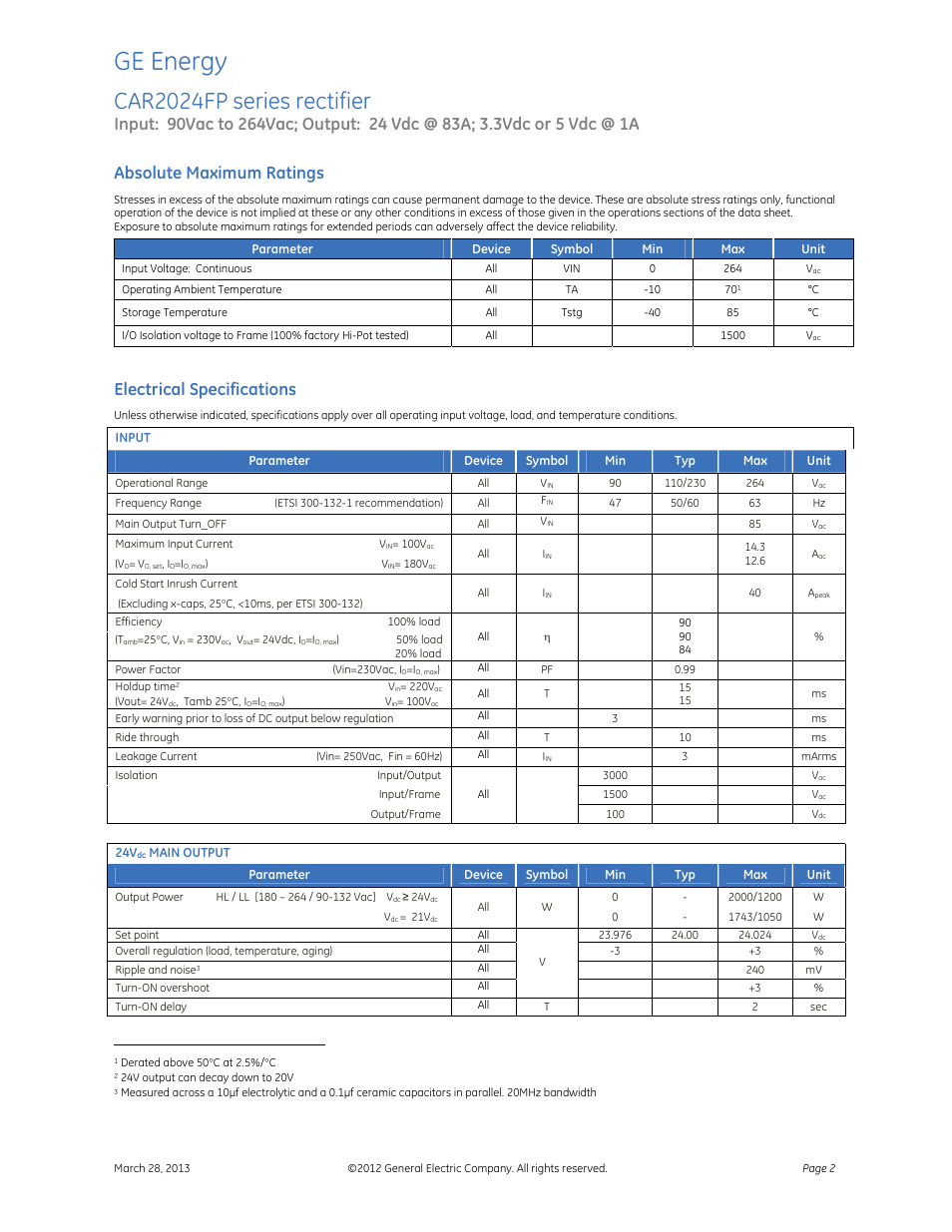 Ge energy, Car2024fp series rectifier, Absolute maximum ratings | Electrical specifications | GE Industrial Solutions CAR2024FP series User Manual | Page 2 / 7