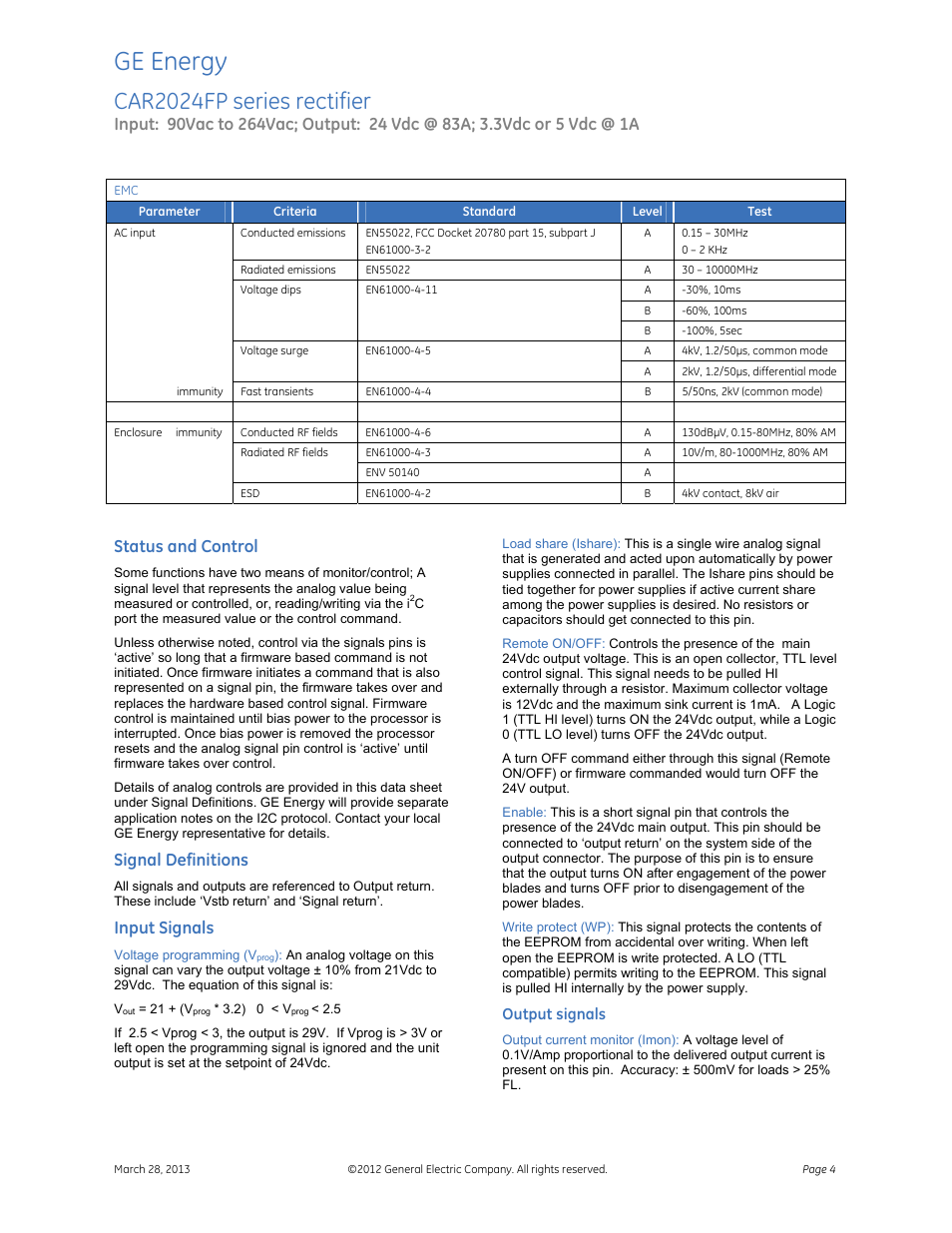 Ge energy, Car2024fp series rectifier, Status and control | Signal definitions, Input signals, Output signals | GE Industrial Solutions CAR2024FP series User Manual | Page 4 / 7