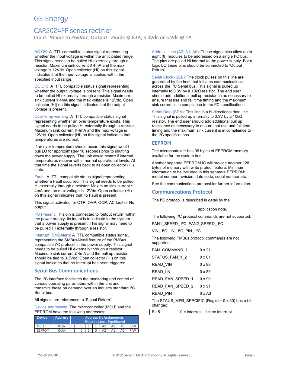 Ge energy, Car2024fp series rectifier, Serial bus communications | Eeprom, Communications protocol | GE Industrial Solutions CAR2024FP series User Manual | Page 5 / 7