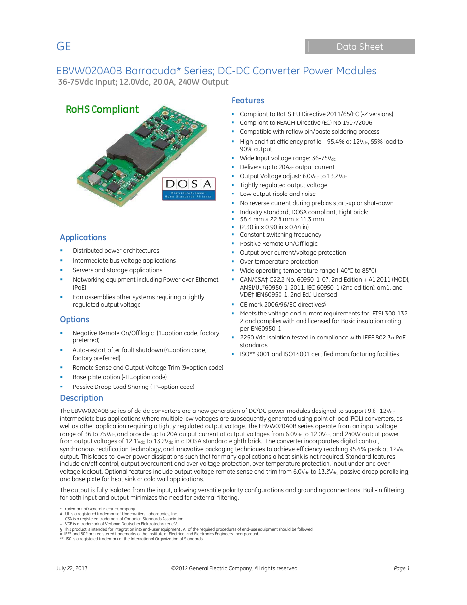 GE Industrial Solutions EBVW020A0B Barracuda Series User Manual | 18 pages