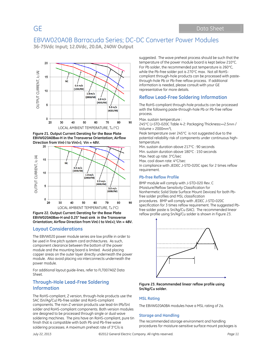 Data sheet, Layout considerations, Through-hole lead-free soldering information | Reflow lead-free soldering information | GE Industrial Solutions EBVW020A0B Barracuda Series User Manual | Page 11 / 18