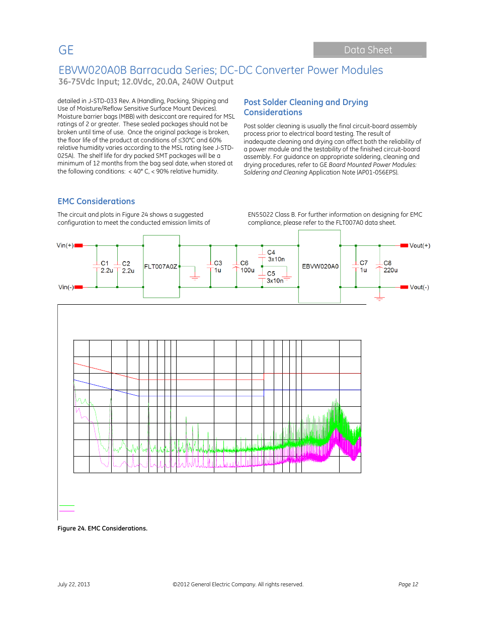 Data sheet, Post solder cleaning and drying considerations, Emc considerations | GE Industrial Solutions EBVW020A0B Barracuda Series User Manual | Page 12 / 18