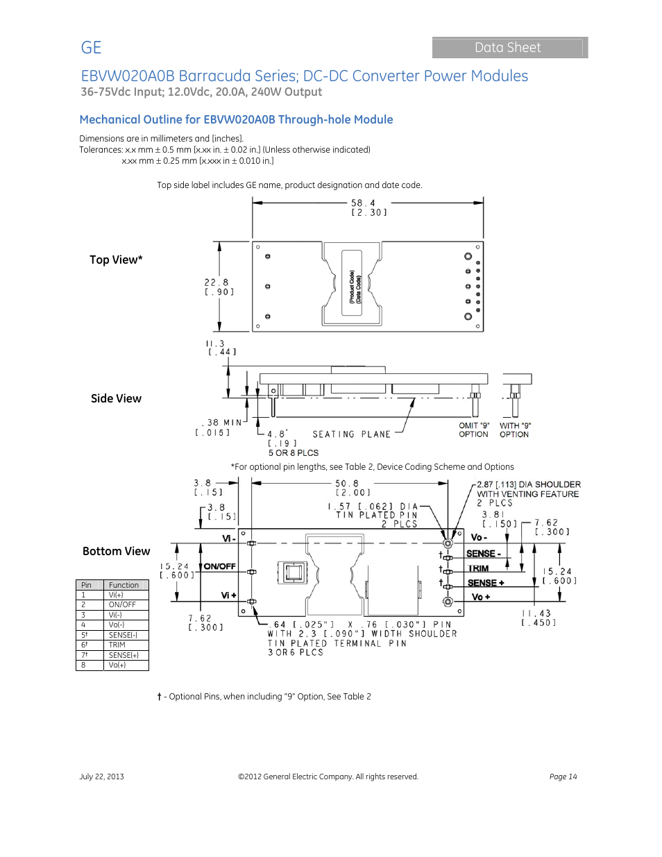 Data sheet | GE Industrial Solutions EBVW020A0B Barracuda Series User Manual | Page 14 / 18