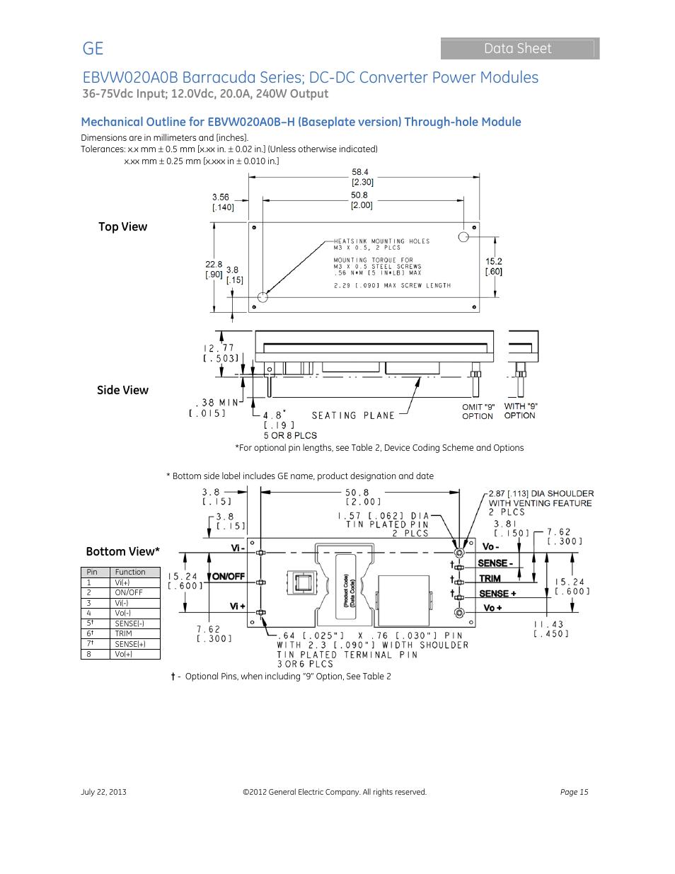 Data sheet | GE Industrial Solutions EBVW020A0B Barracuda Series User Manual | Page 15 / 18