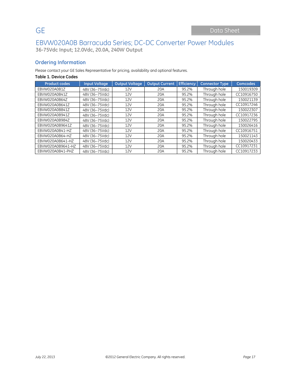 Data sheet, Ordering information | GE Industrial Solutions EBVW020A0B Barracuda Series User Manual | Page 17 / 18