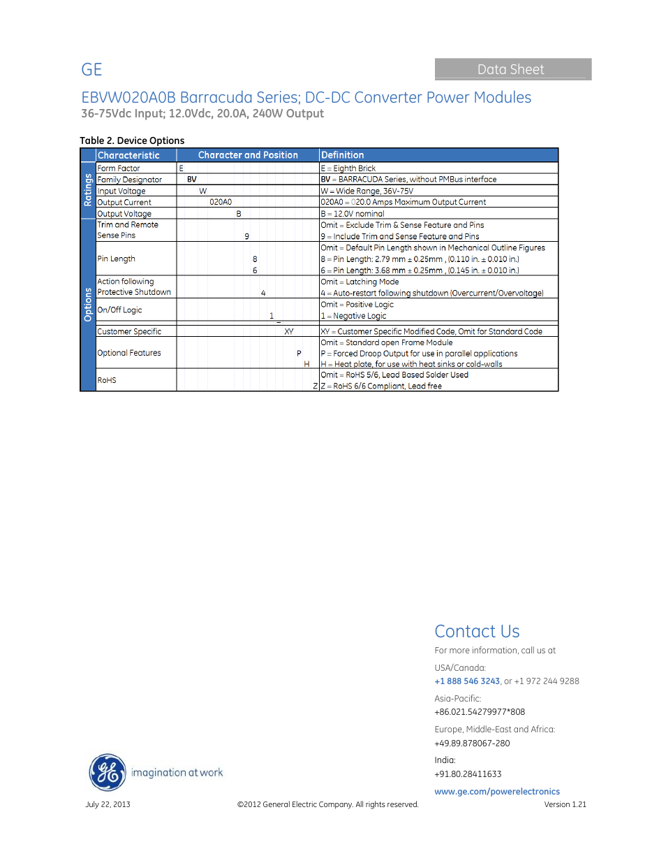 Contact us, Data sheet | GE Industrial Solutions EBVW020A0B Barracuda Series User Manual | Page 18 / 18