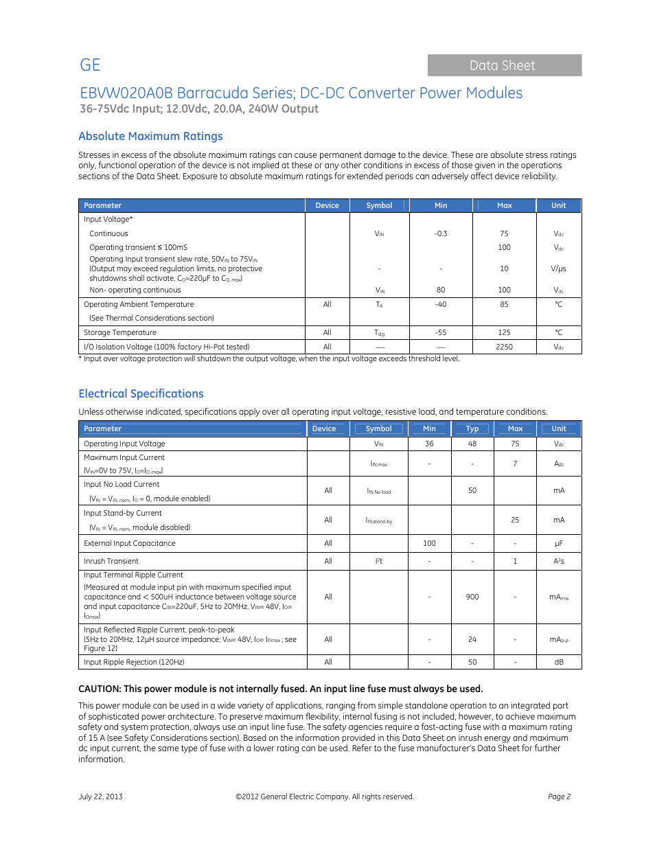 Data sheet, Absolute maximum ratings, Electrical specifications | GE Industrial Solutions EBVW020A0B Barracuda Series User Manual | Page 2 / 18