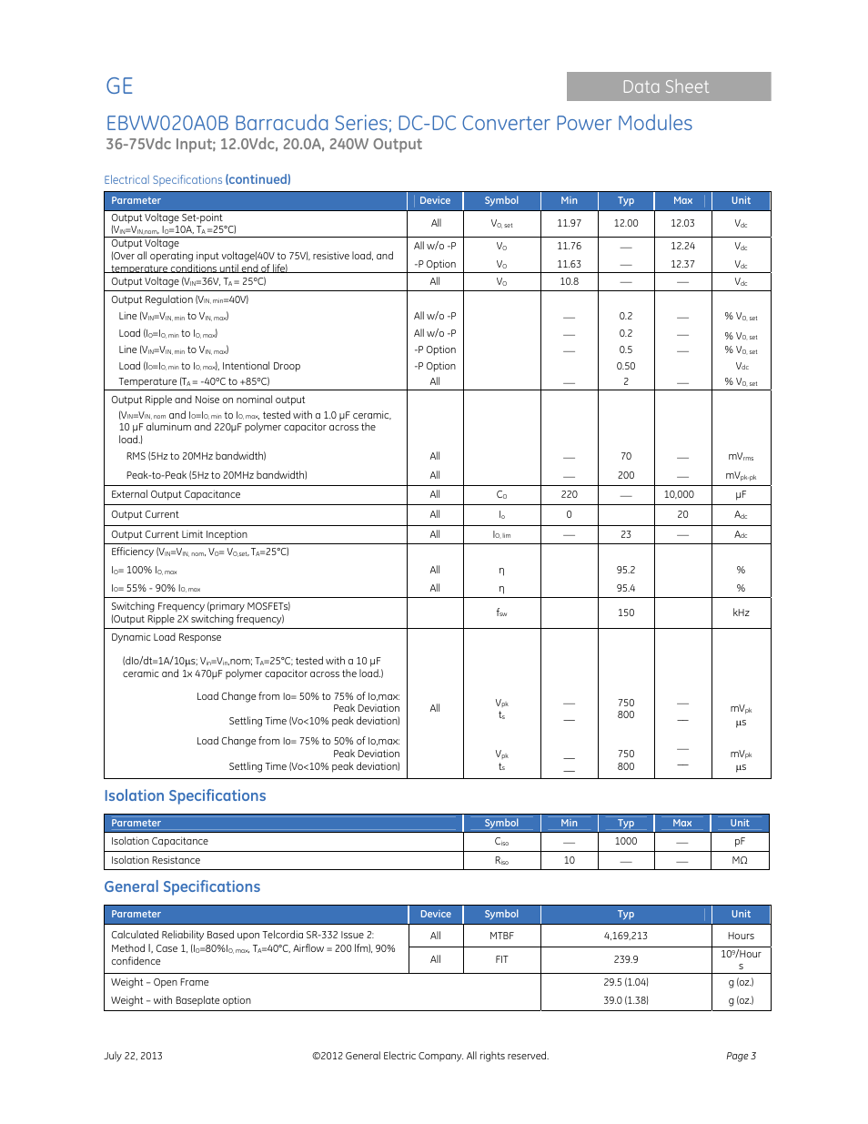 Data sheet, Isolation specifications, General specifications | Continued) | GE Industrial Solutions EBVW020A0B Barracuda Series User Manual | Page 3 / 18