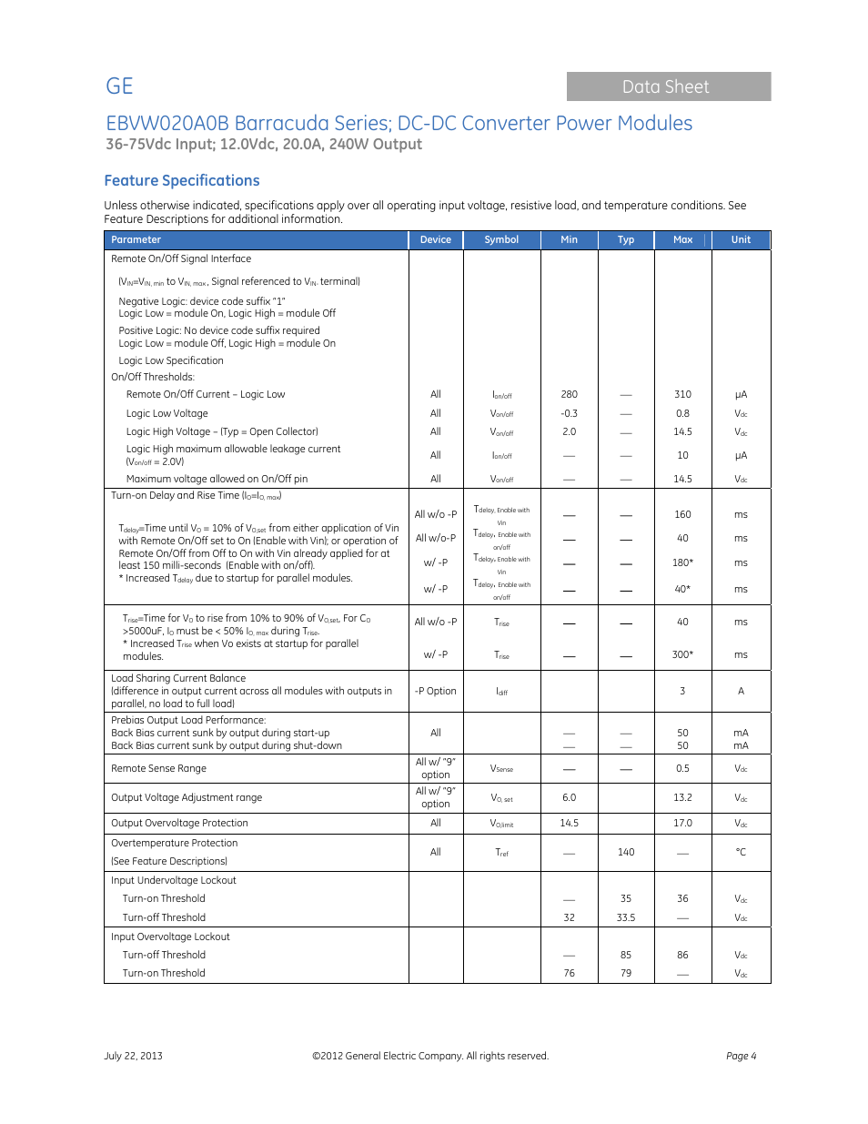 Data sheet, Feature specifications | GE Industrial Solutions EBVW020A0B Barracuda Series User Manual | Page 4 / 18