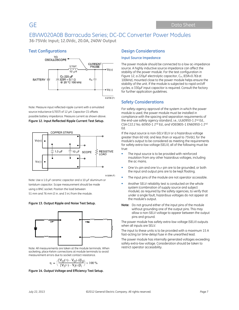 Data sheet, Test configurations, Design considerations | Safety considerations | GE Industrial Solutions EBVW020A0B Barracuda Series User Manual | Page 7 / 18