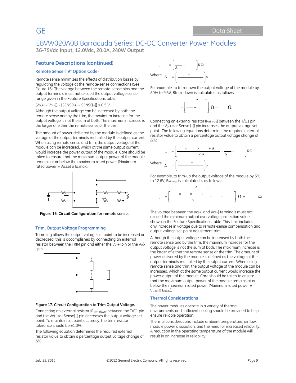Data sheet, Feature descriptions (continued) | GE Industrial Solutions EBVW020A0B Barracuda Series User Manual | Page 9 / 18
