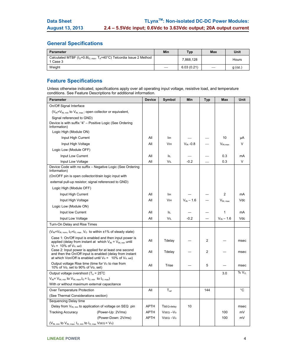General specifications, Feature specifications, Tlynx | GE Industrial Solutions TLynx User Manual | Page 4 / 23