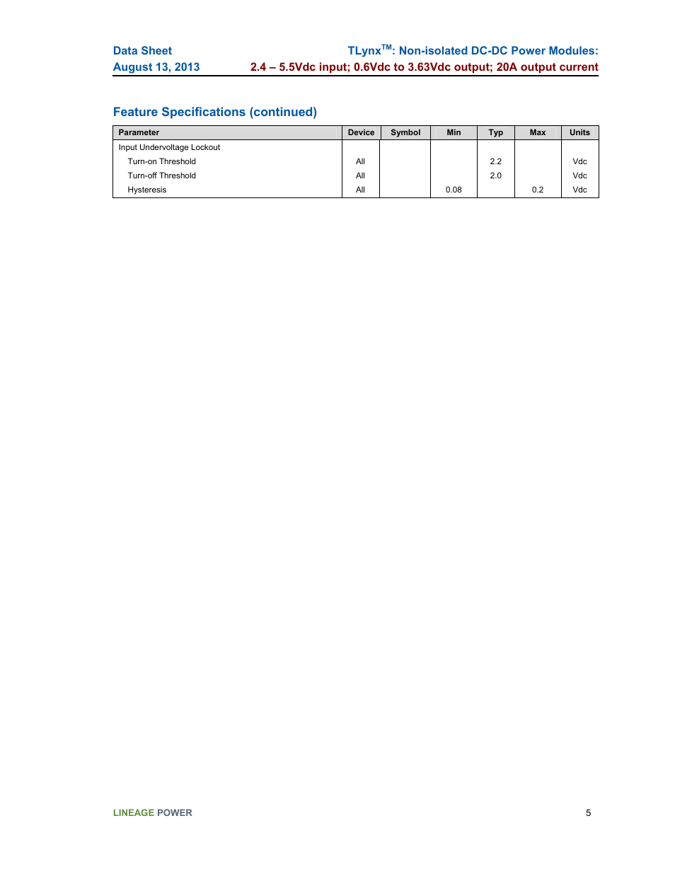 Feature specifications (continued), Tlynx | GE Industrial Solutions TLynx User Manual | Page 5 / 23