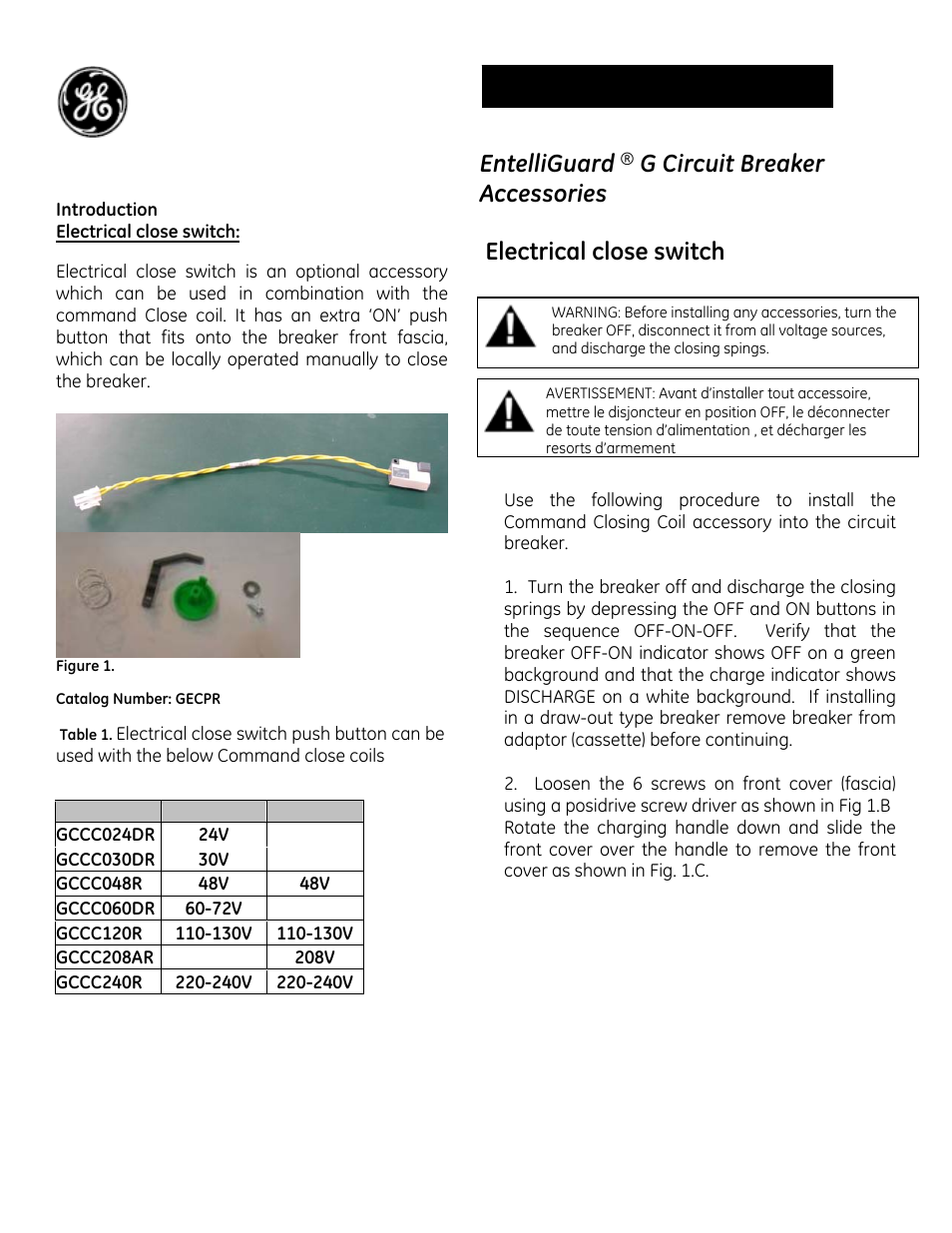 GE Industrial Solutions EntelliGuard G Electrical close switch User Manual | 4 pages