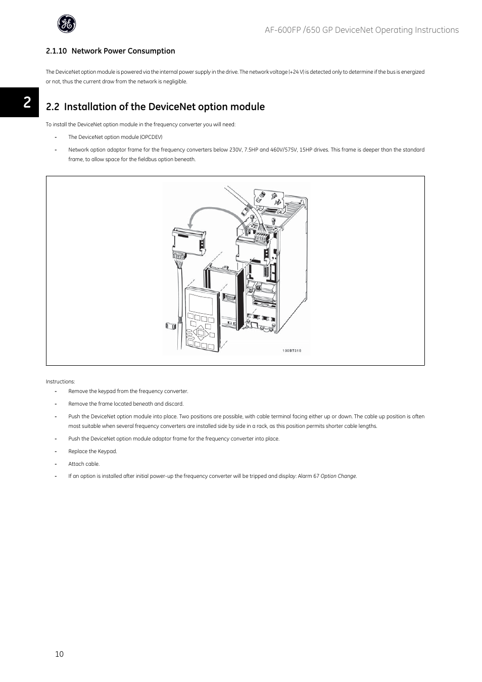 2 installation of the devicenet option module | GE Industrial Solutions AF-650 GP DeviceNet User Manual | Page 11 / 59