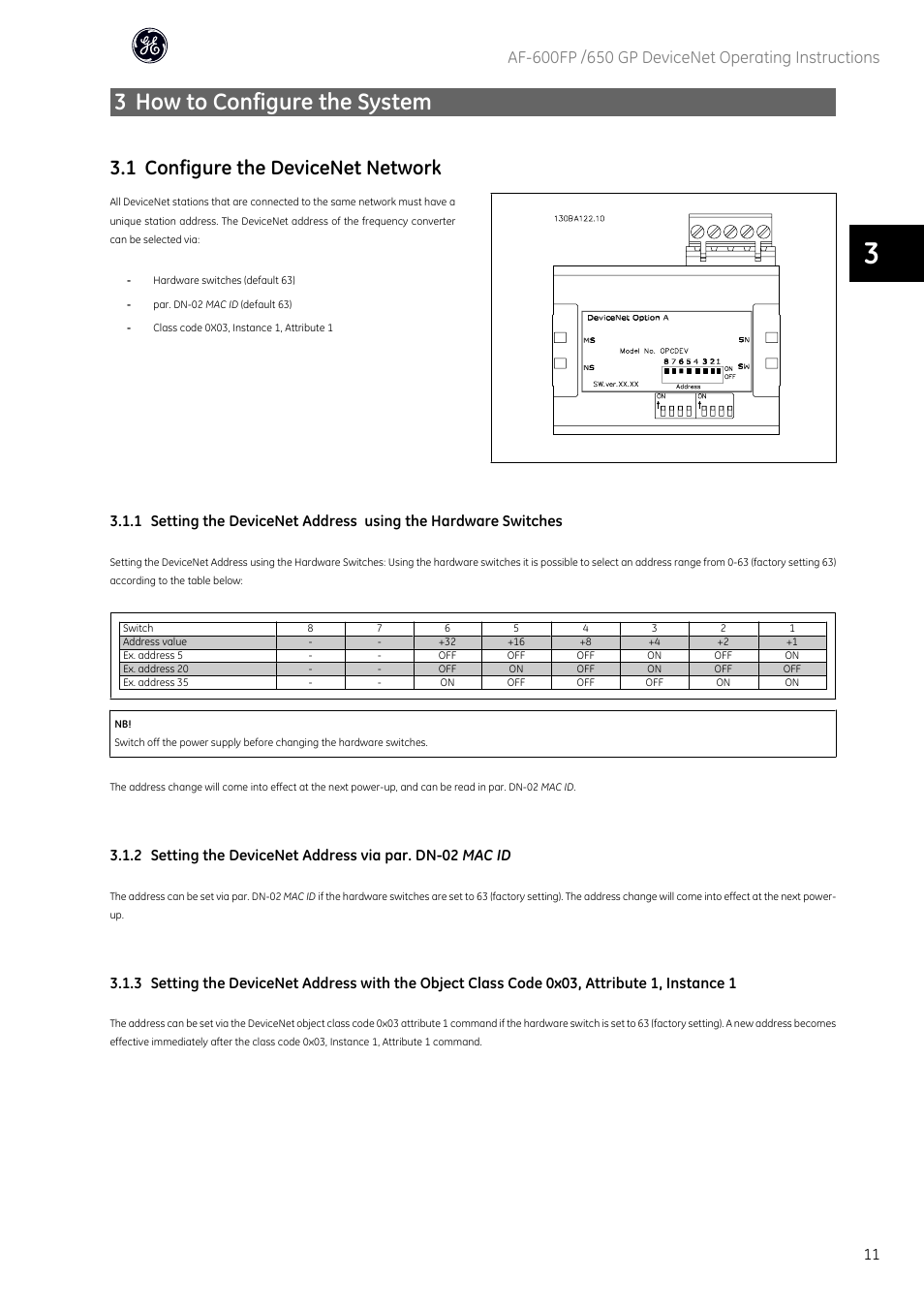3 how to configure the system, 1 configure the devicenet network | GE Industrial Solutions AF-650 GP DeviceNet User Manual | Page 12 / 59