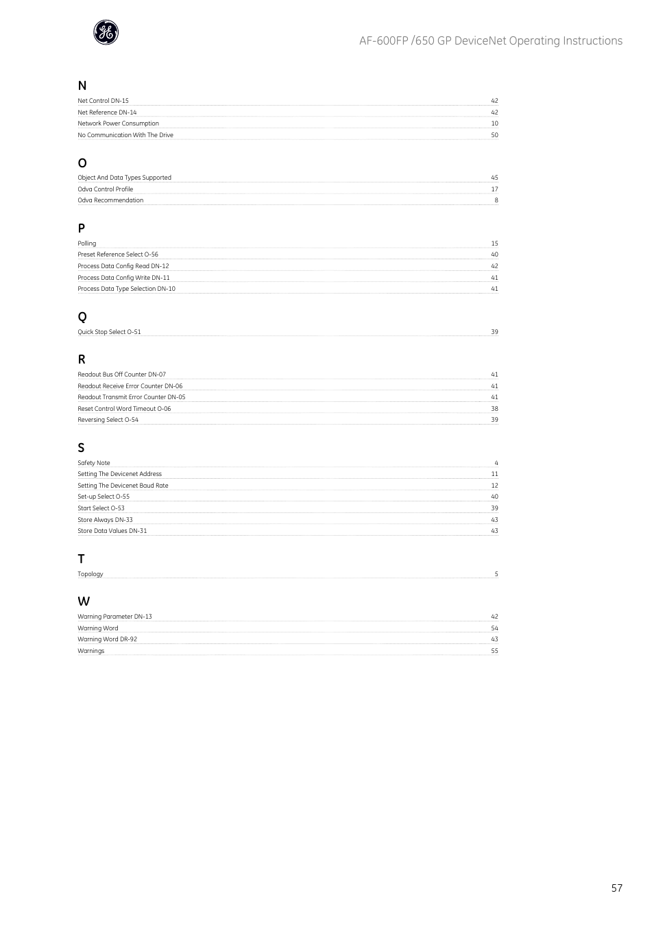 GE Industrial Solutions AF-650 GP DeviceNet User Manual | Page 58 / 59